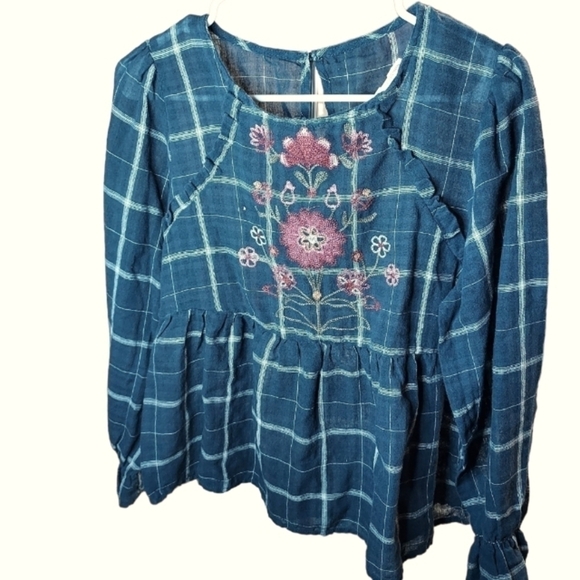 Blue Rain Embroidered navy plaid top med Francesca's - Picture 1 of 12